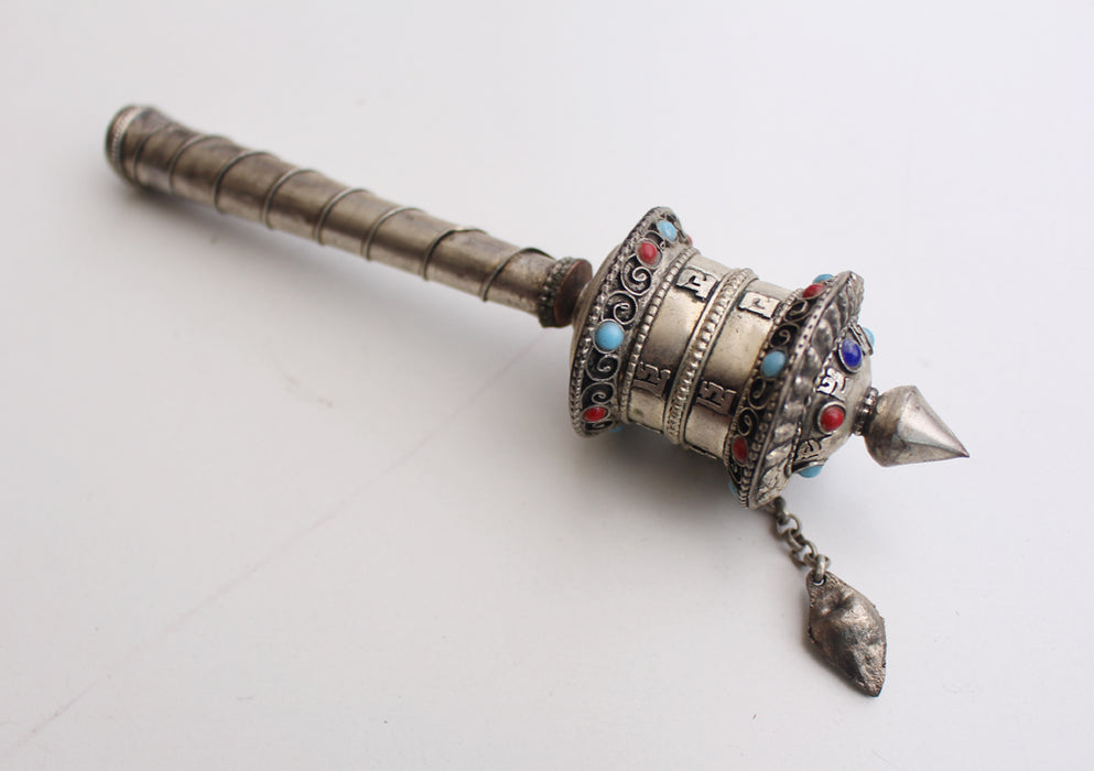 White Metal Mini Handheld Prayer Wheel with Resin Coral and Torquoise - nepacrafts