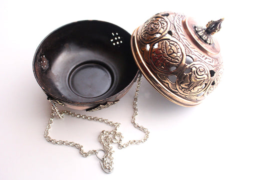 Eight Auspicious Symbol Carved Round Hanging Copper Incense Burner - nepacrafts