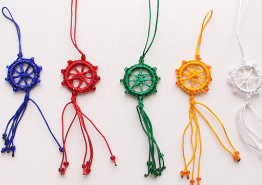 Beautiful Dharmachakra Car Hanging Amulet Decorated with Glass Beads - nepacrafts
