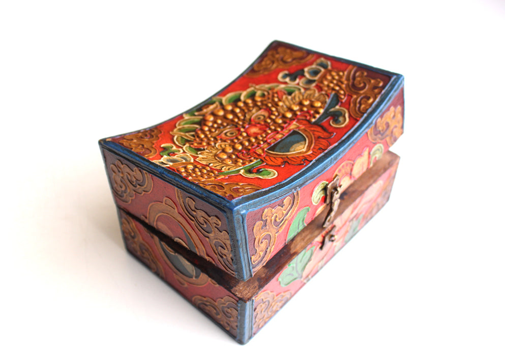 Hand Carved Cheppu and Lotus Symbol Painted Tibetan Wooden Box - nepacrafts
