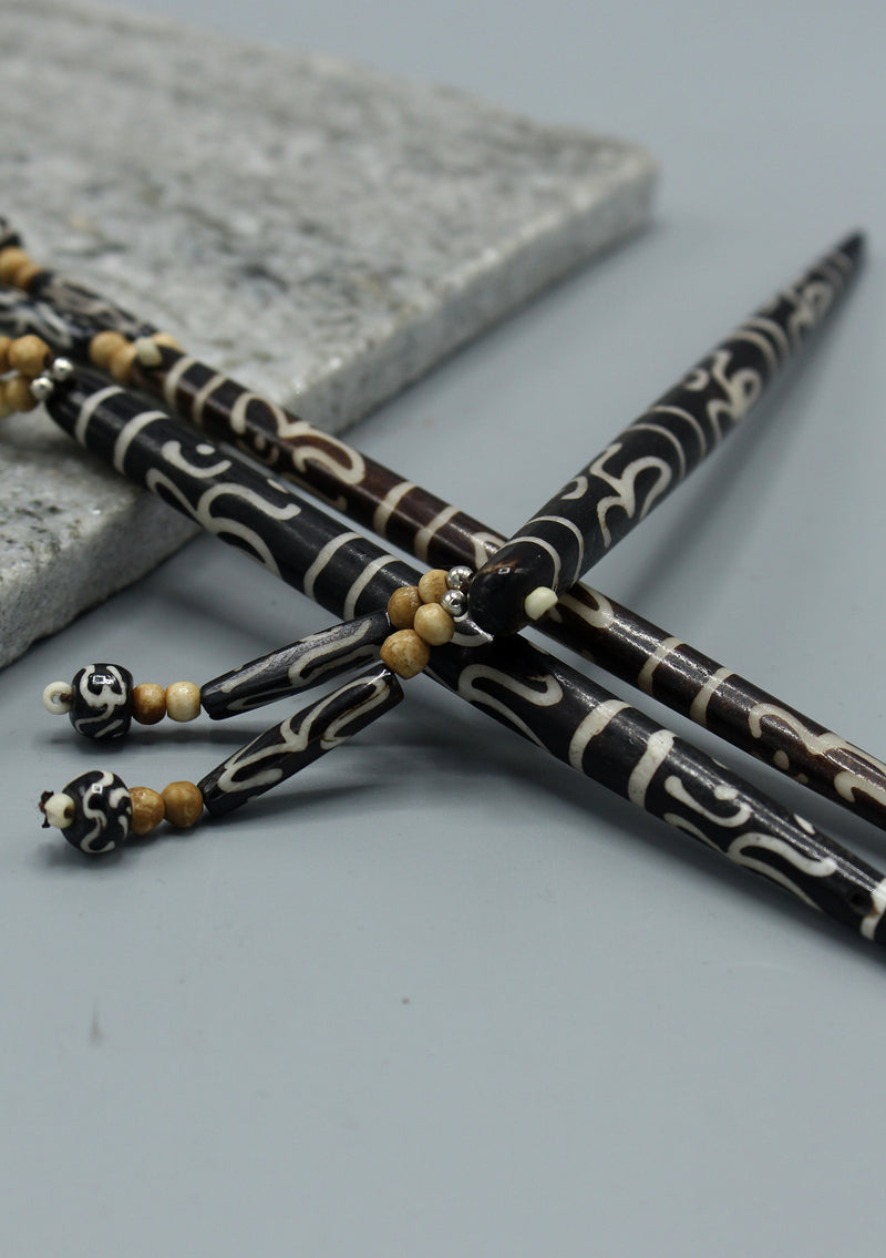 Om Painted Yak Bone Hair Sticks Clip