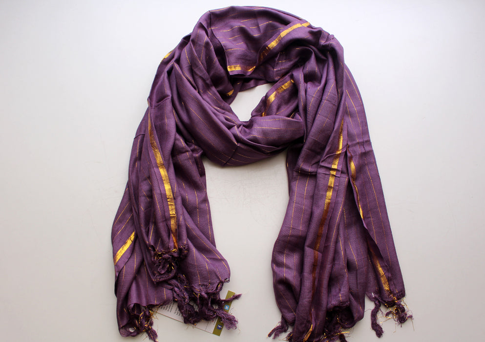 Plain Purple Jari Scarf with Golden Lining, Cotton Shawl From Nepal - nepacrafts