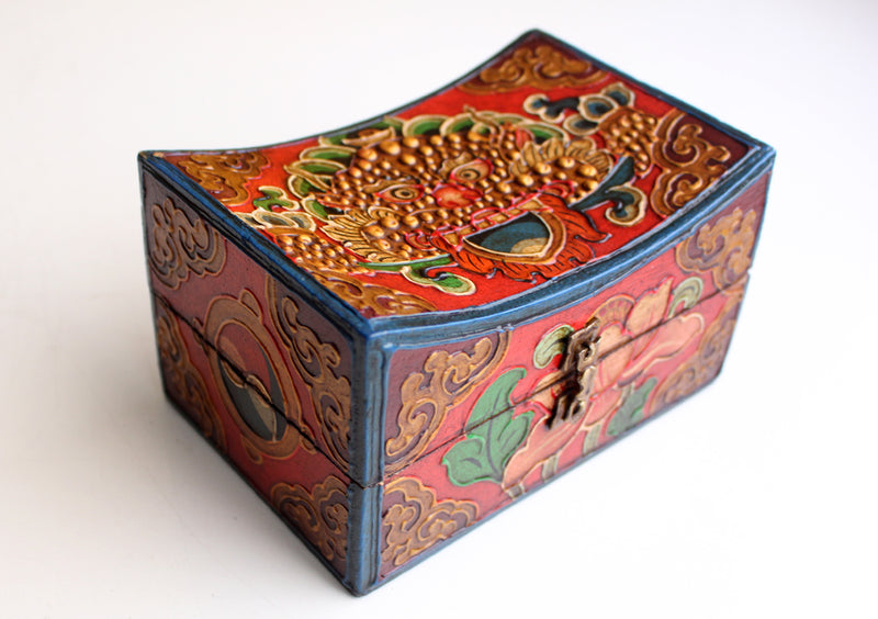 Hand Carved Cheppu and Lotus Symbol Painted Tibetan Wooden Box - nepacrafts