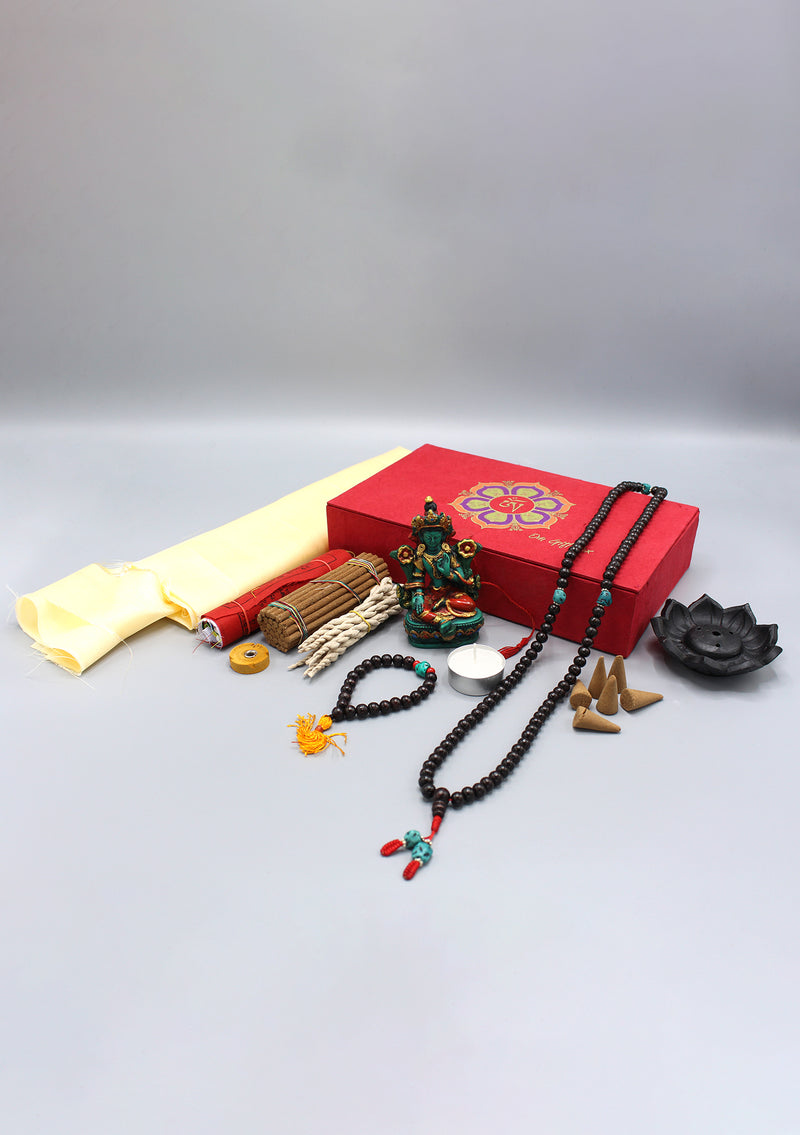 Green Tara Statue, Mala and Incense Buddhist Om Mani Gift Box