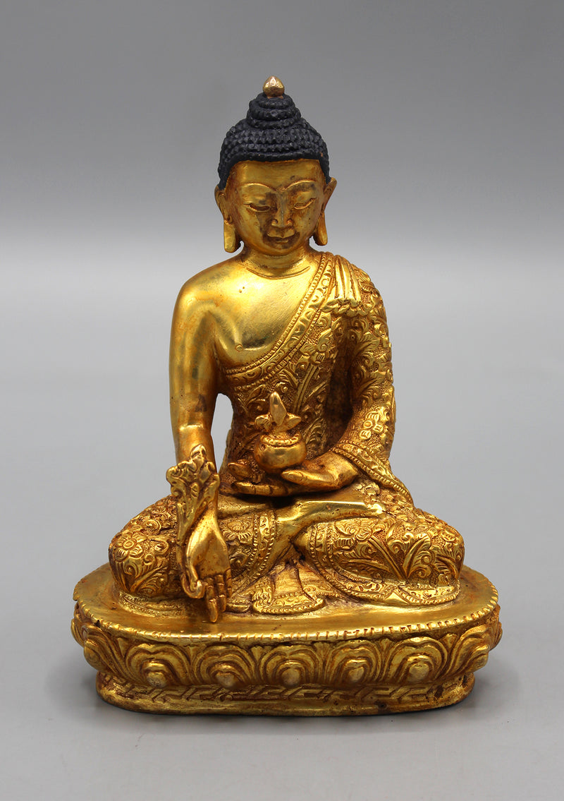 Fully Gold Plated Medicine Buddha Statue - Lotus, Flower carved