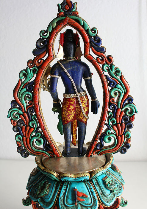 Lapis Padmapani Lokeswara Turquoise and Coral Inlaid Masterpiece Statue - nepacrafts