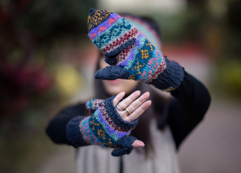 Dark Blue Pure Wool Convertible Mittens - nepacrafts
