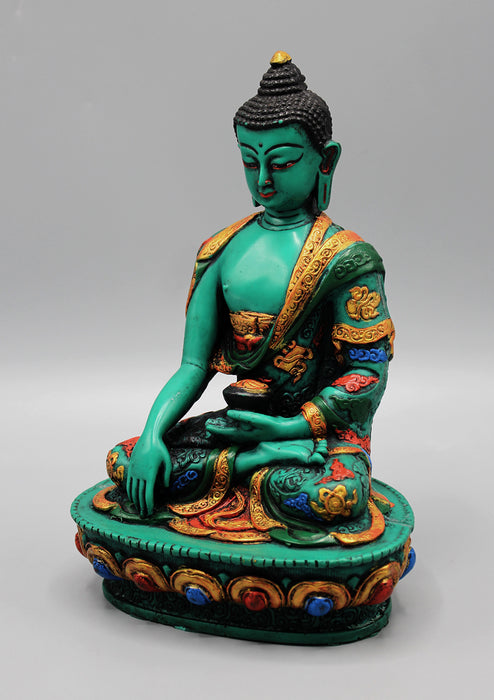 Embossed Painting Green Resin Shakyamuni Buddha Statue