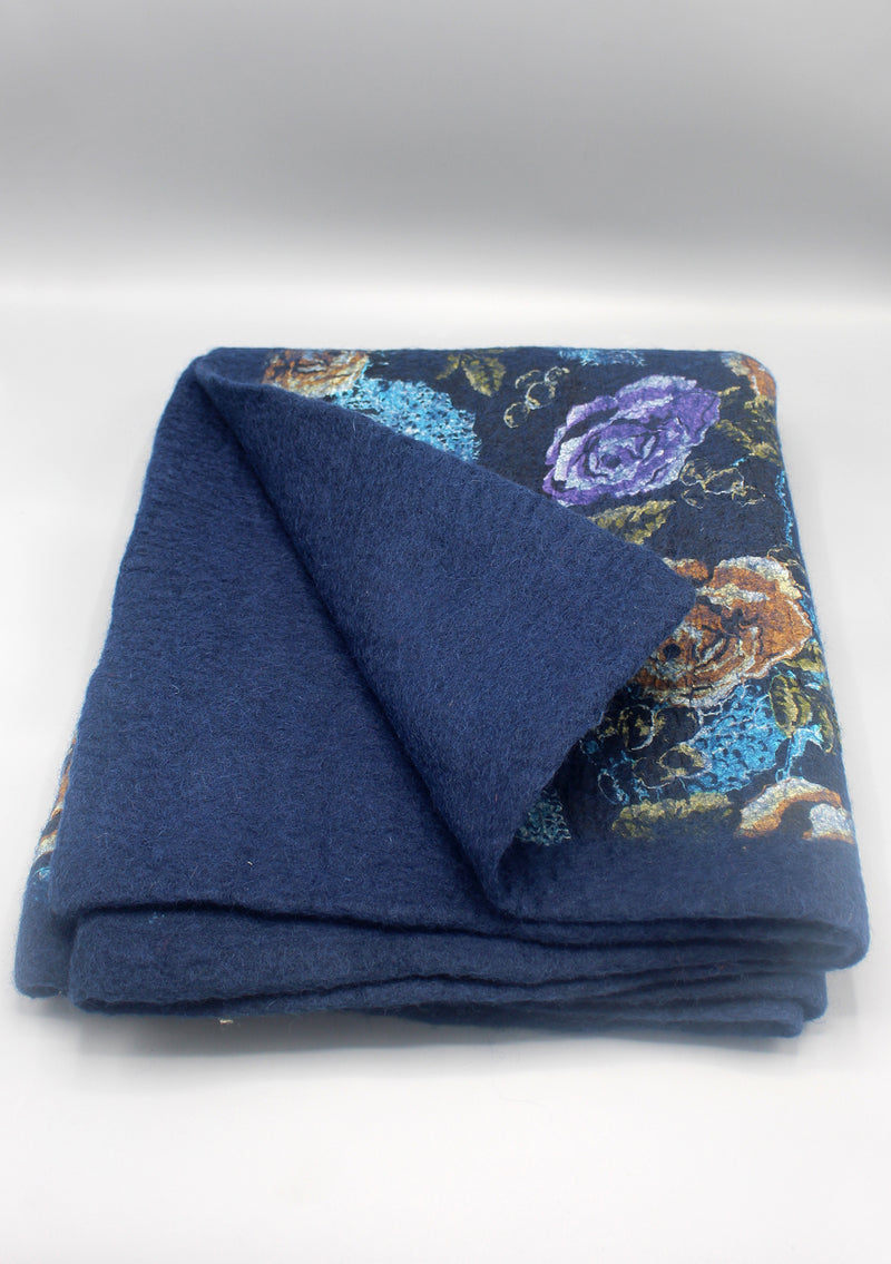Navy Blue Floral Print Felt Wool Colorful Indoor Mat - nepacrafts