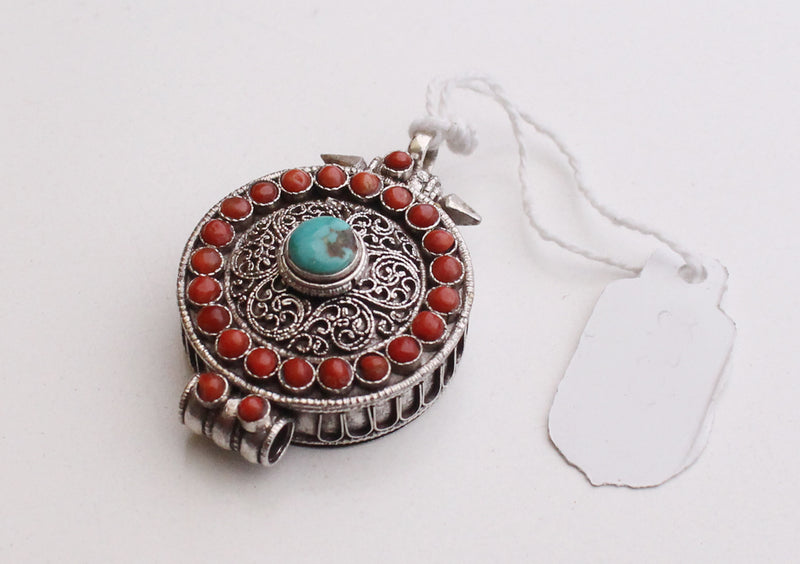 Round Tibetan Buddhist Silver Sterling Ghau Pendant with Resin Coral and Turquoise - nepacrafts