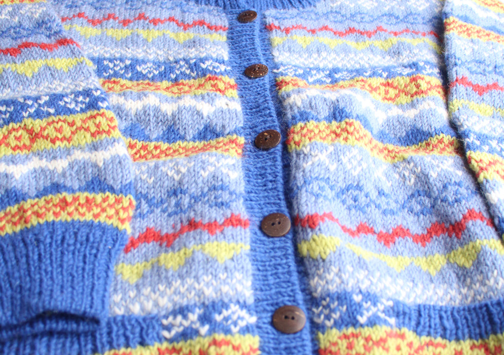 Blue and Yellow Mixed Multicolor Hand Knitted Pure Woolen Cardigan Sweater - nepacrafts