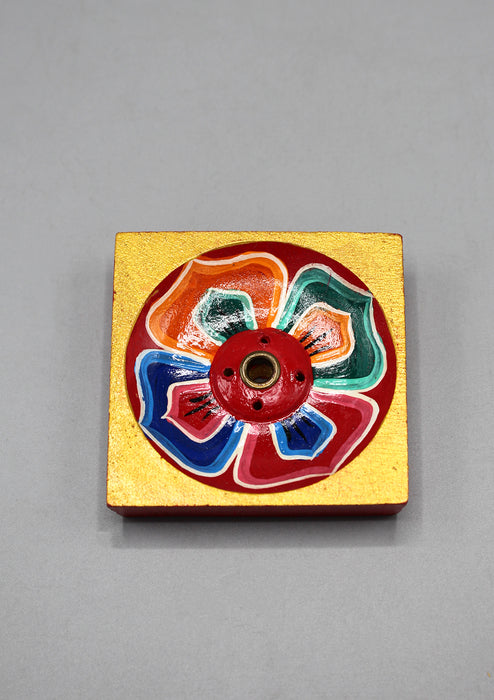 Square  Lotus Painted Tibetan Wooden Incense Holder