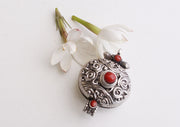 Oval Shape Tibetan Silver Sterling Filigree Pendant with Coral Inlay - nepacrafts