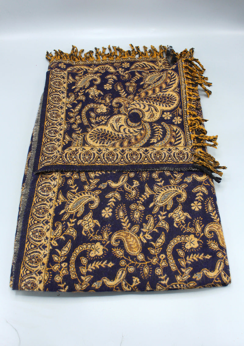 Handloomed Floral Dark Blue Yak Wool Shawl