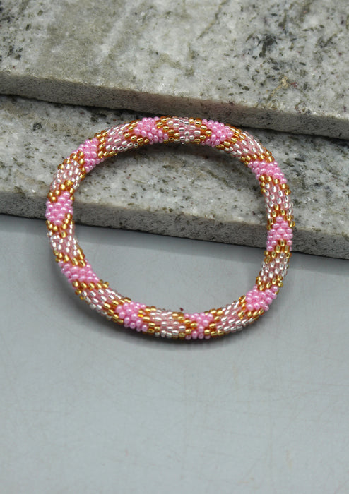 Baby Pink, Gold & Mixed Beads Nepalese Roll on Bracelet