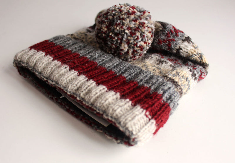Gray Red Multicolored Woolen Pom Pom Beanie - nepacrafts