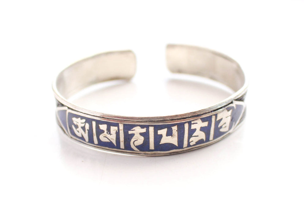 Tibetan Mantra Carved White Metal Bracelet - nepacrafts
