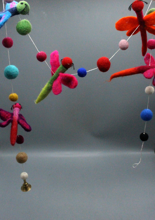 Multi Colored Felt Balls and Dragon Fly Wall Hanging Decor with Bell