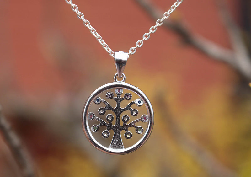 Sterling Silver Tree of Life Pendant with Multi Color Inlaid Stone - nepacrafts