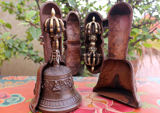 Tibetan Bell and Dorjee Set in a Copper Case with White Metal Carvings - nepacrafts
