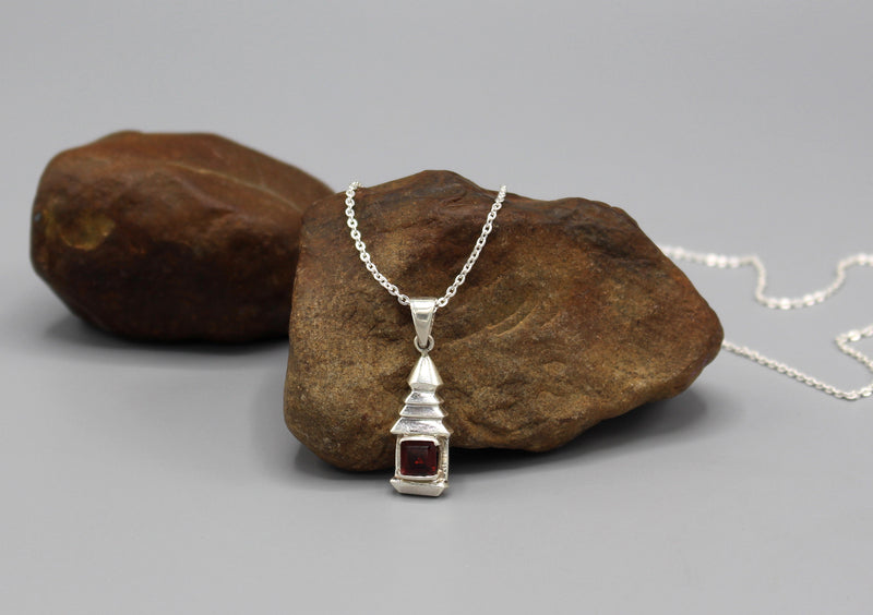 Stupa Chorten Garnet Inlaid Silver Pendant - nepacrafts