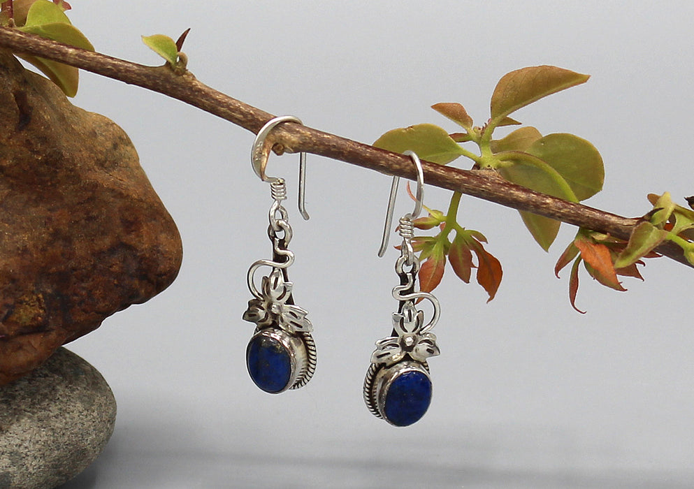 Leaf Design Lapis Inlaid Sterling Silver Earrings - nepacrafts