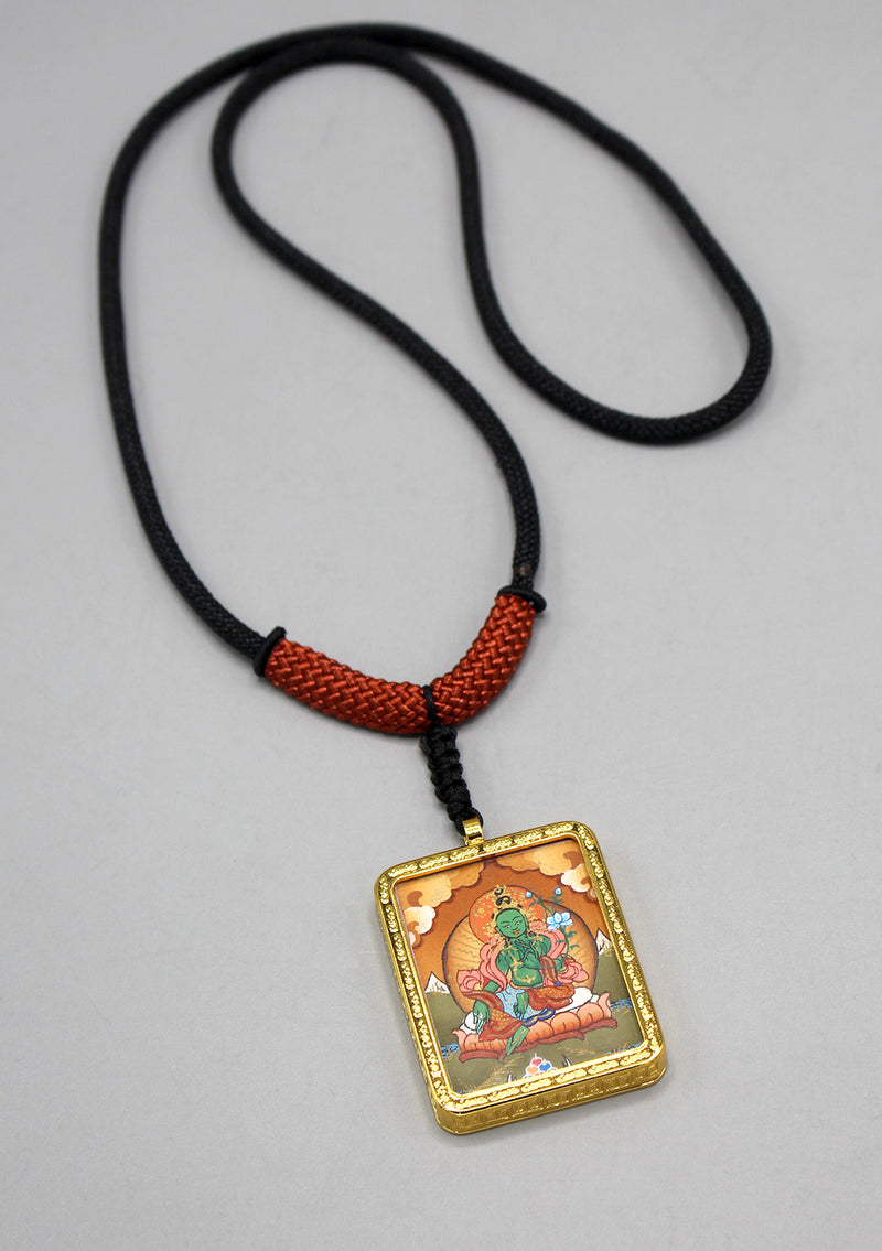 Tibetan Deities Green Tara Hand Painted Mini Thangka Amulet Pendant