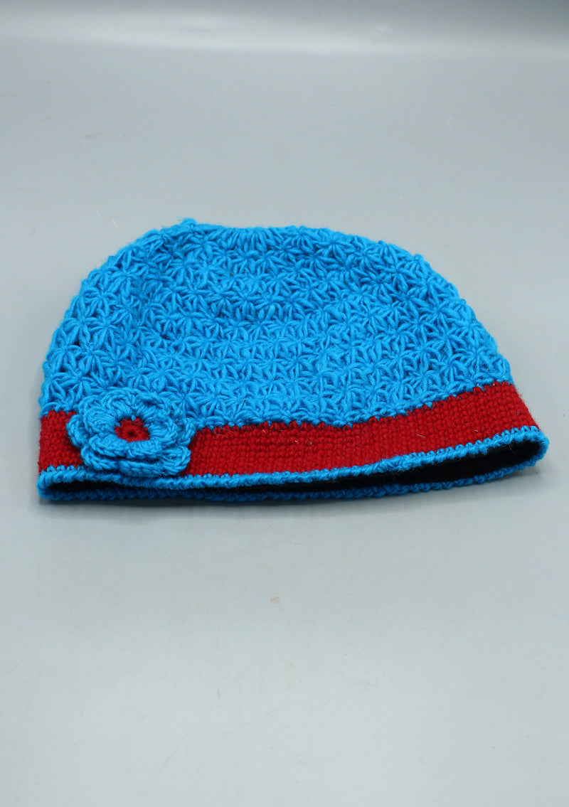 Red Border Flower Attached Blue Warm & Soft Crocheted Woolen Beanie