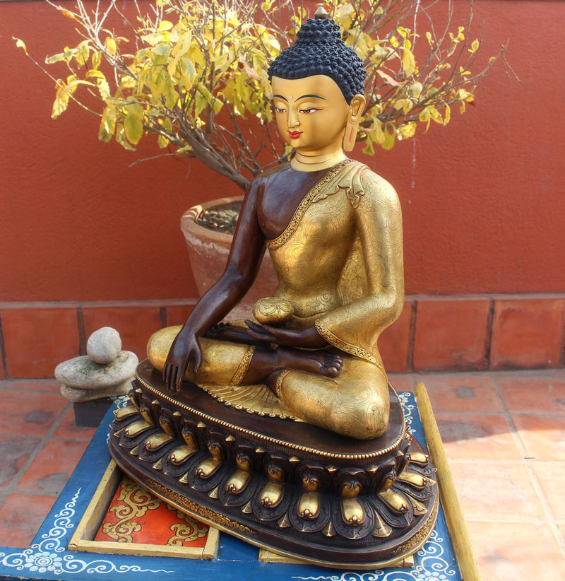 Partly Gold Plated Shakyamuni Buddha Statue in Monastic Robe With Floral Motifs