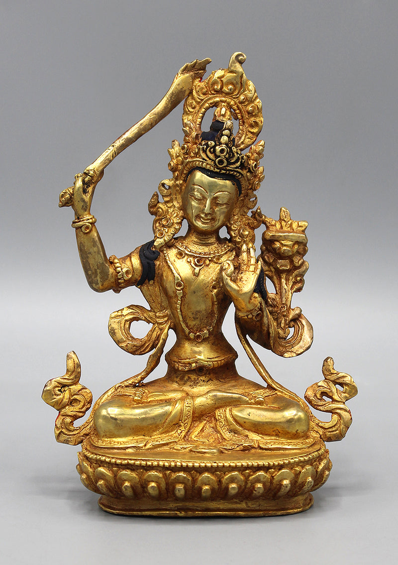 Gold Plated Copper Tibetan Manjushri Statue 6"