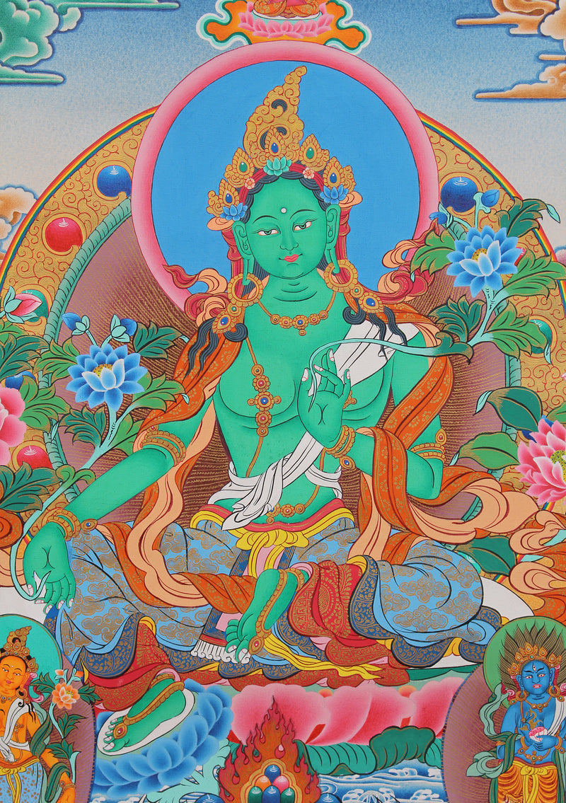 Green Tara Painted Tibetan Thangka