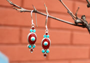 Turquoise and Coral Inlaid Flower Drop Earrings - nepacrafts