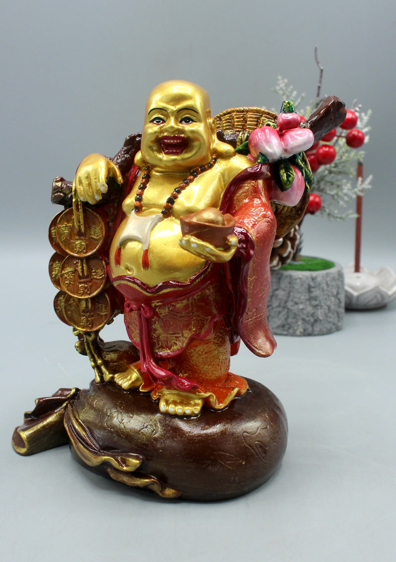 Gold Hand Painted Laughing Buddha Resin Statue 7 Inches