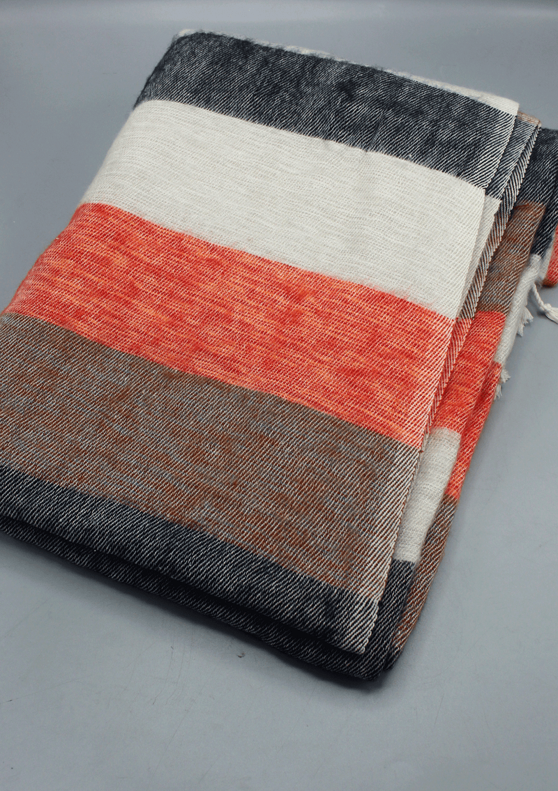 White and Orange Mix Multi Colored Hand-loomed Soft Yak Wool Blanket