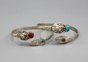 Coral Inlaid Dragon Carving Sterling Silver Bracelet - nepacrafts