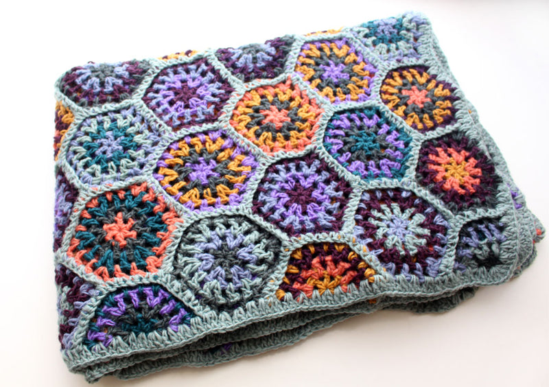 Hexagon Motif Pattern Hand Crochet Blue Multicolor Woolen Blanket/Throw - nepacrafts