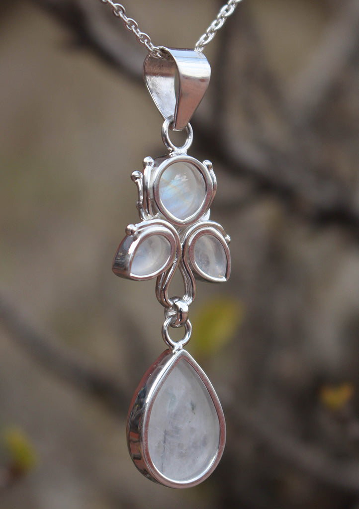 Flower Drop Rainbow Moonstone Sterling Silver Pendant - nepacrafts