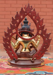 Four Armed Goddess Saraswati Partly Gold Plated Statue with Frame - nepacrafts