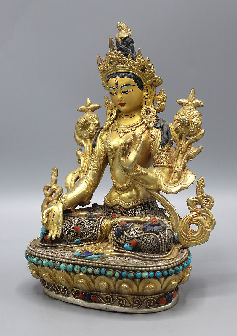 Gold Plated Eternal White Tara Statue with Silver Filigree and Turquoise