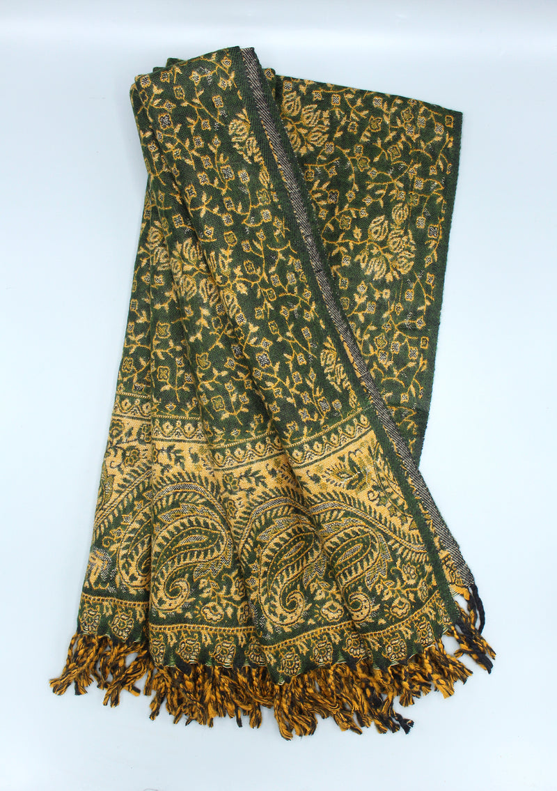 Handloomed Floral Leaves Green Yak Wool Shawl