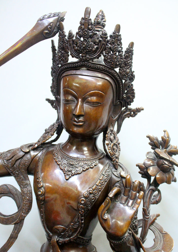 Expressive 25"High Handcarved Copper Manjushree Statue - nepacrafts