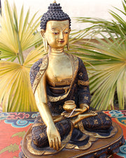 12" High Gold Plated Shakyamuni Buddha Statue on the Wooden Throne - nepacrafts