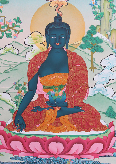 Healing Medicine Buddha Seated on Lotus Tibetan Thangka Painting