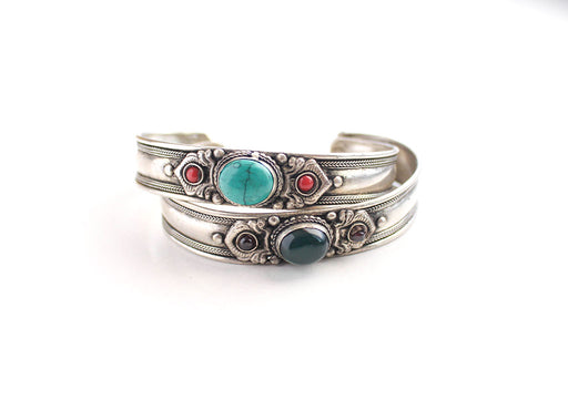 Emrald and Turquoise Inlaid White Metal Tibetan Bracelet - nepacrafts