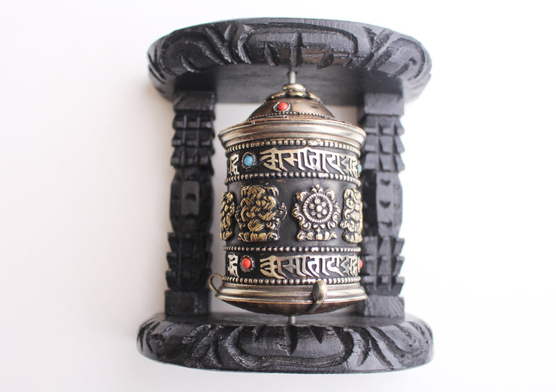 Wooden Framed Tibetan Copper Prayer Wheel Wall Hanging - nepacrafts