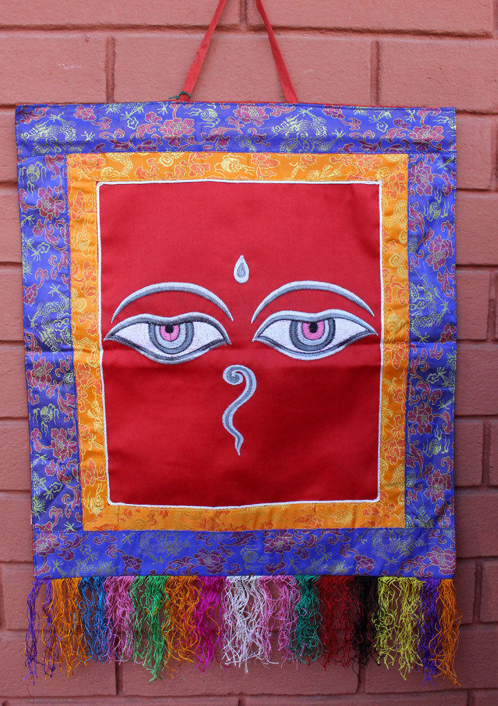 Buddha Eyes Embroidery Brocade Framed Wall Hanging - nepacrafts