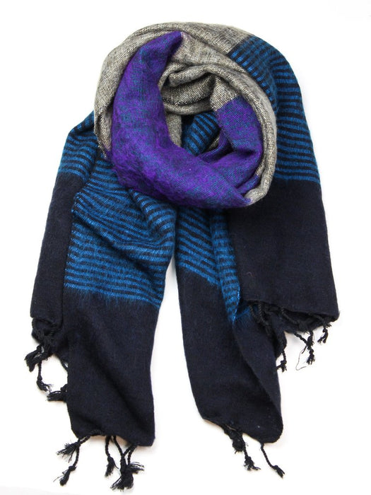 Hand loomed Warm Blue Lining Yak Wool Shawl-WYS54