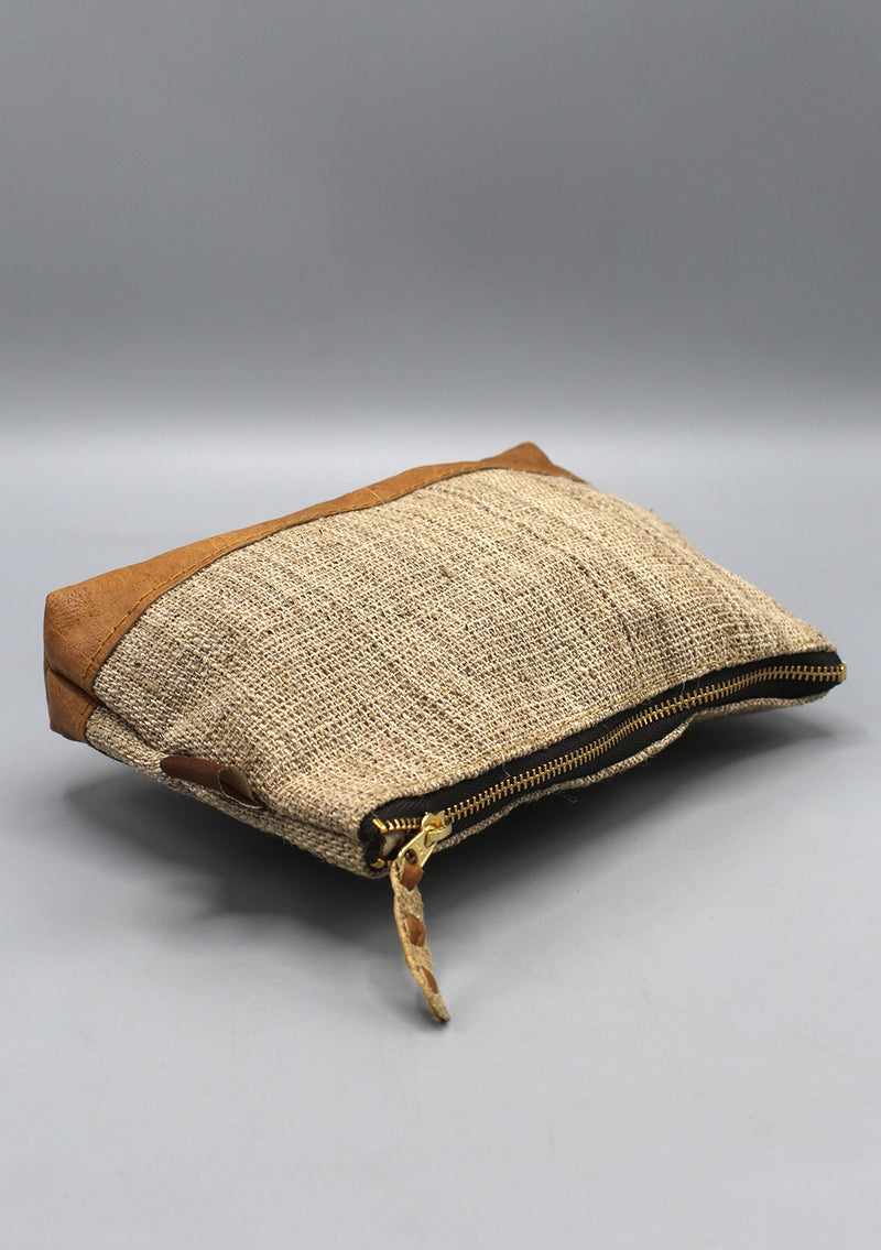 Leather Trim Hemp Money Zipper Clutch Bag
