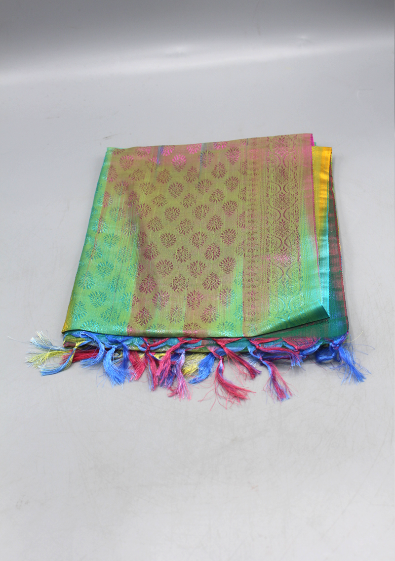 Silk Mixed Polyester Green Mixed Multi Color Shawls with Furka