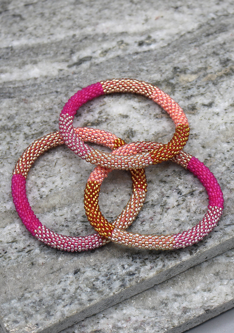 Royal Pink and Multi Colors Strips Glass Beads Bracelet
